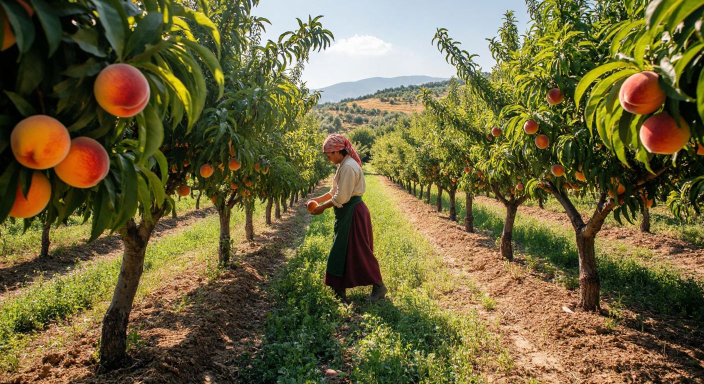 A sunlit orchard in Turkey’s Aegean region, with rows of peach trees heavy with ripe, juicy fruits, and a farmer in traditional clothing gently picking a peach.
