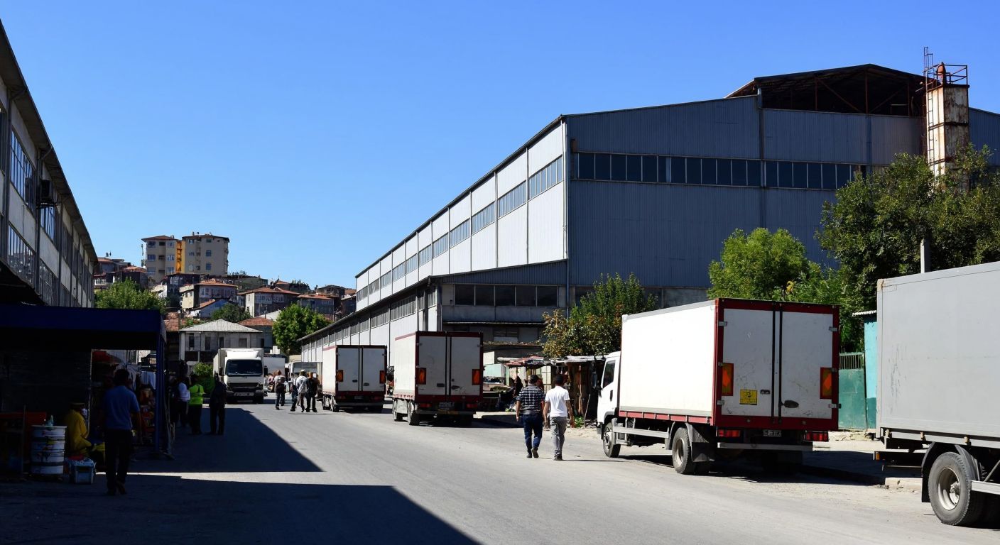 A bustling industrial street in Okmeydanı, Istanbul, with a large factory building under a clear blue sky, surrounded by workers in casual attire and delivery trucks.