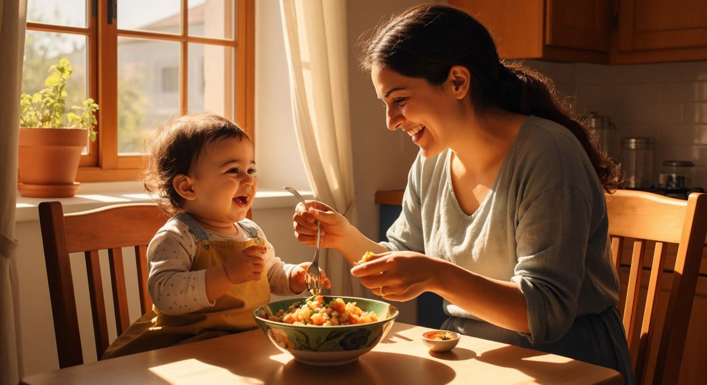 A smiling Turkish mother gently feeding her giggling toddler in a wooden high chair at a sunlit kitchen table, with a colorful bowl of mashed vegetables and a small spoon in hand.
