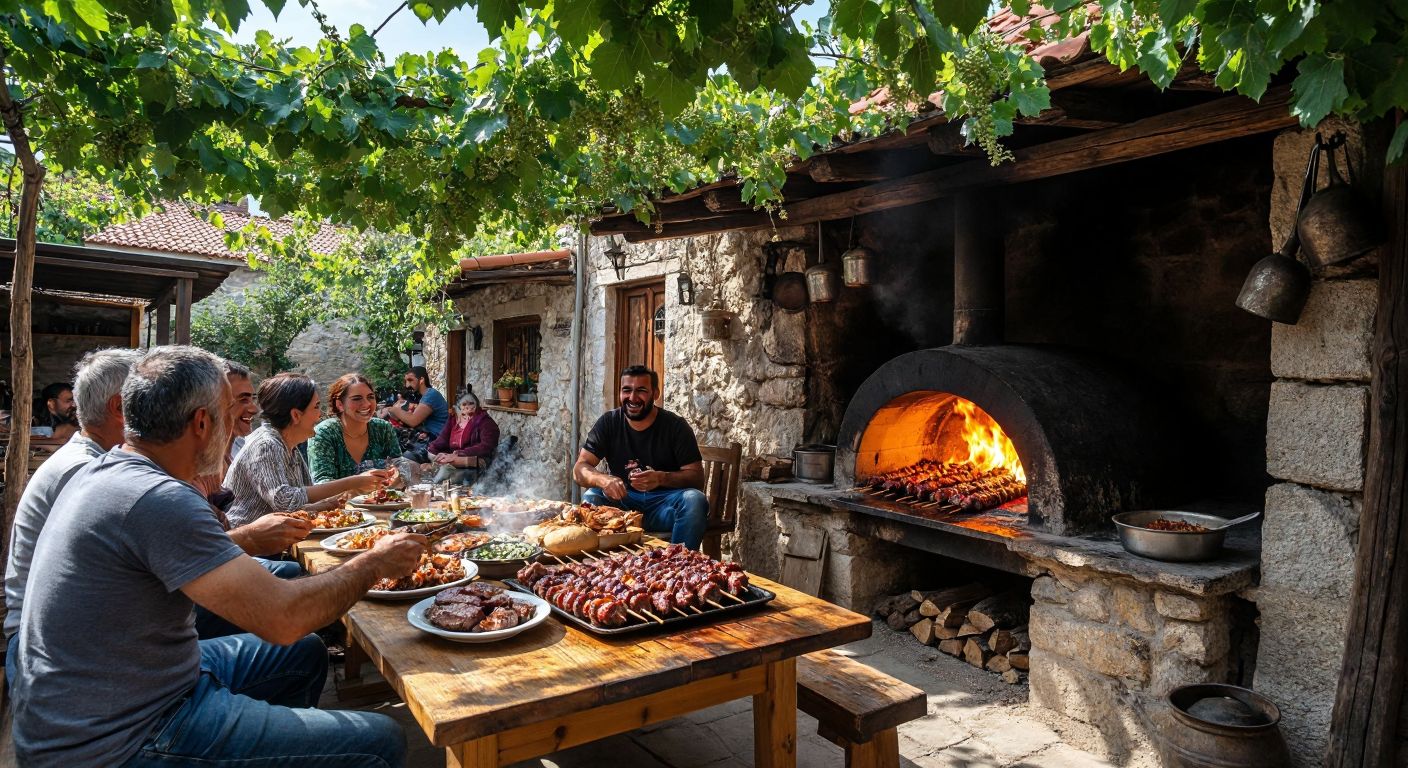 A rustic outdoor eatery in a Turkish village, with a wood-fired tandır oven glowing, skewers of sizzling kokoreç and tender kelle meat on a wooden table, surrounded by locals laughing and sharing the meal under a vine-covered pergola.