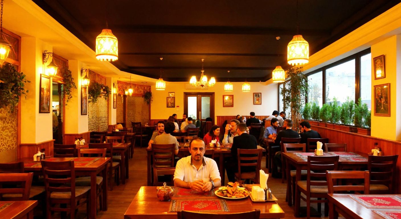 A cozy Turkish restaurant with warm lighting, wooden tables, and traditional decor, nestled in a lively Ankara street near the Via Flat İş Merkezi, with people enjoying meze and tea.