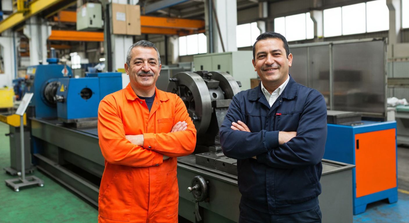 Two middle-aged Turkish men in industrial workwear stand proudly in front of a large metalworking machine in a bustling factory, smiling warmly with arms crossed.