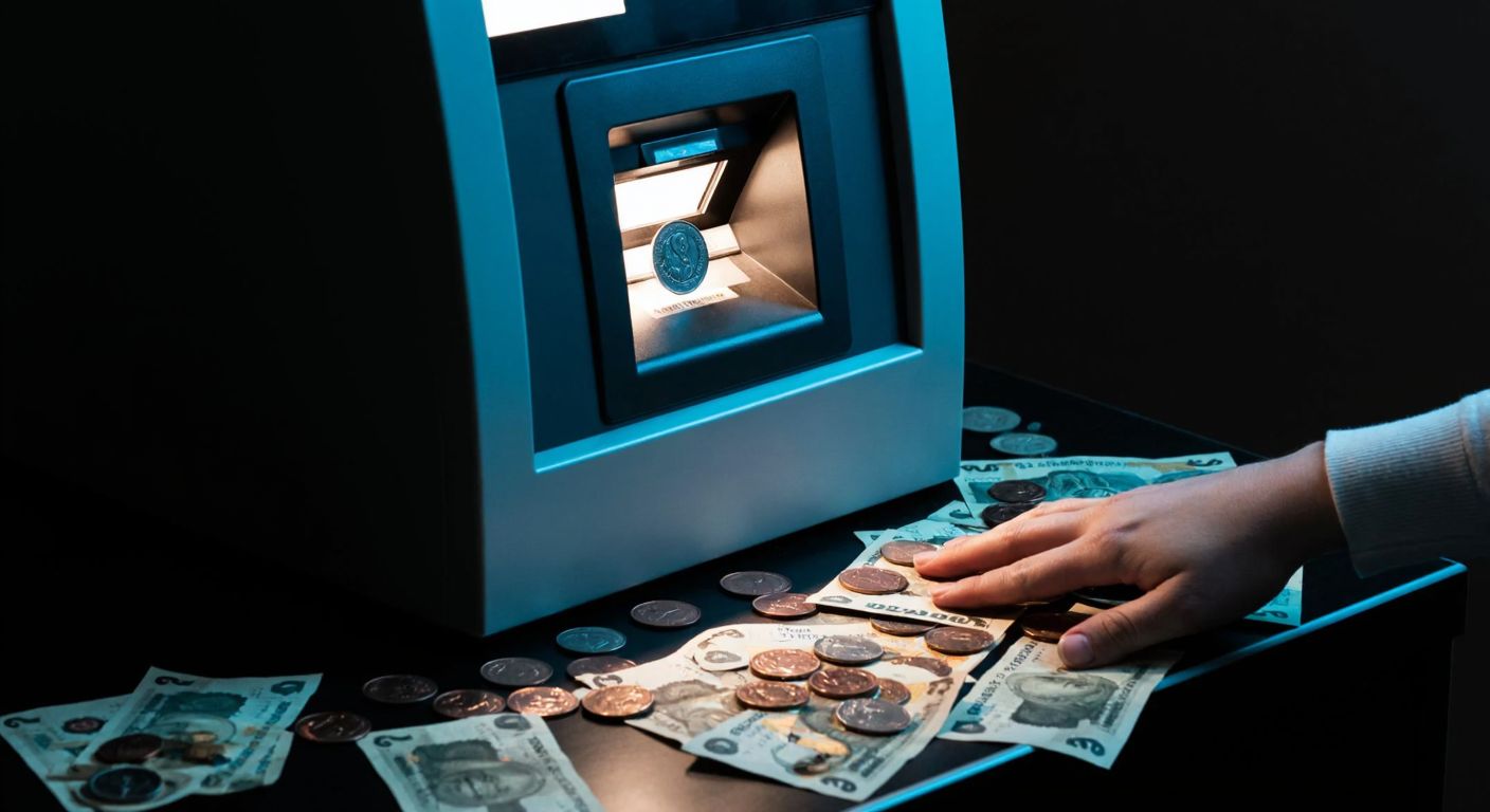 A modern ATM with a coin slot glowing under soft light, surrounded by scattered Turkish lira coins and banknotes, with a person’s hand hesitantly reaching toward the machine.