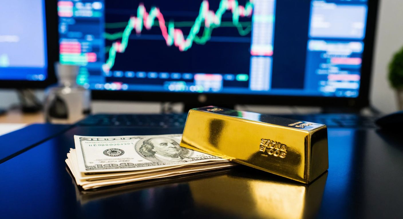 A golden bar and a stack of US dollars placed on a sleek trading desk with a glowing computer monitor in the background, reflecting the bustling energy of a financial market in Turkey.