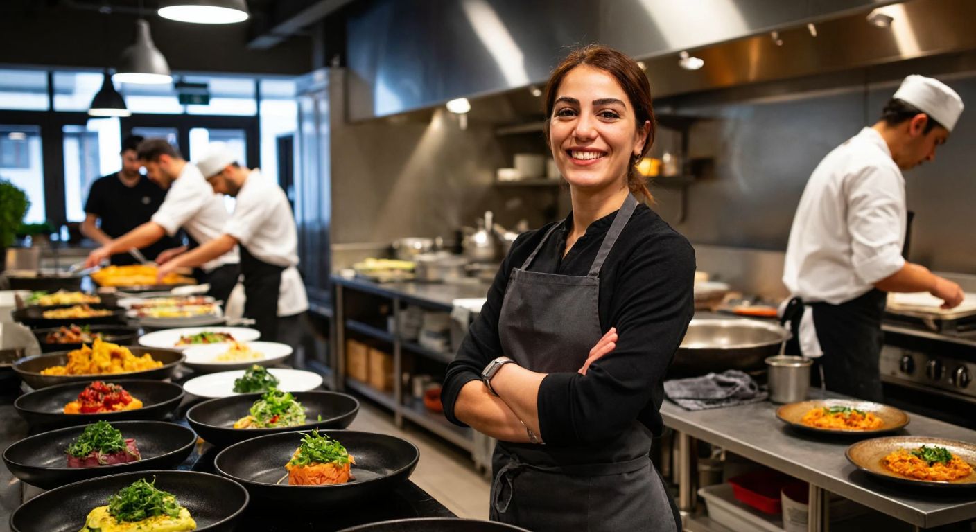 A confident Turkish woman in a professional kitchen, smiling warmly while overseeing chefs preparing colorful dishes in a modern Big Chefs restaurant.