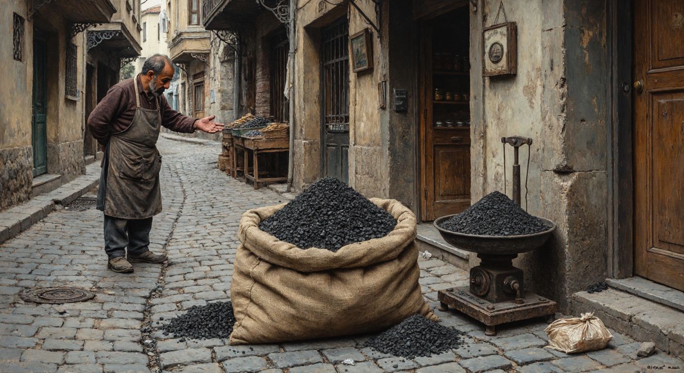A burlap sack of coal resting on a cobblestone street in a Turkish neighborhood, with a weathered scale beside it and a shopkeeper in a worn apron gesturing toward the sack.