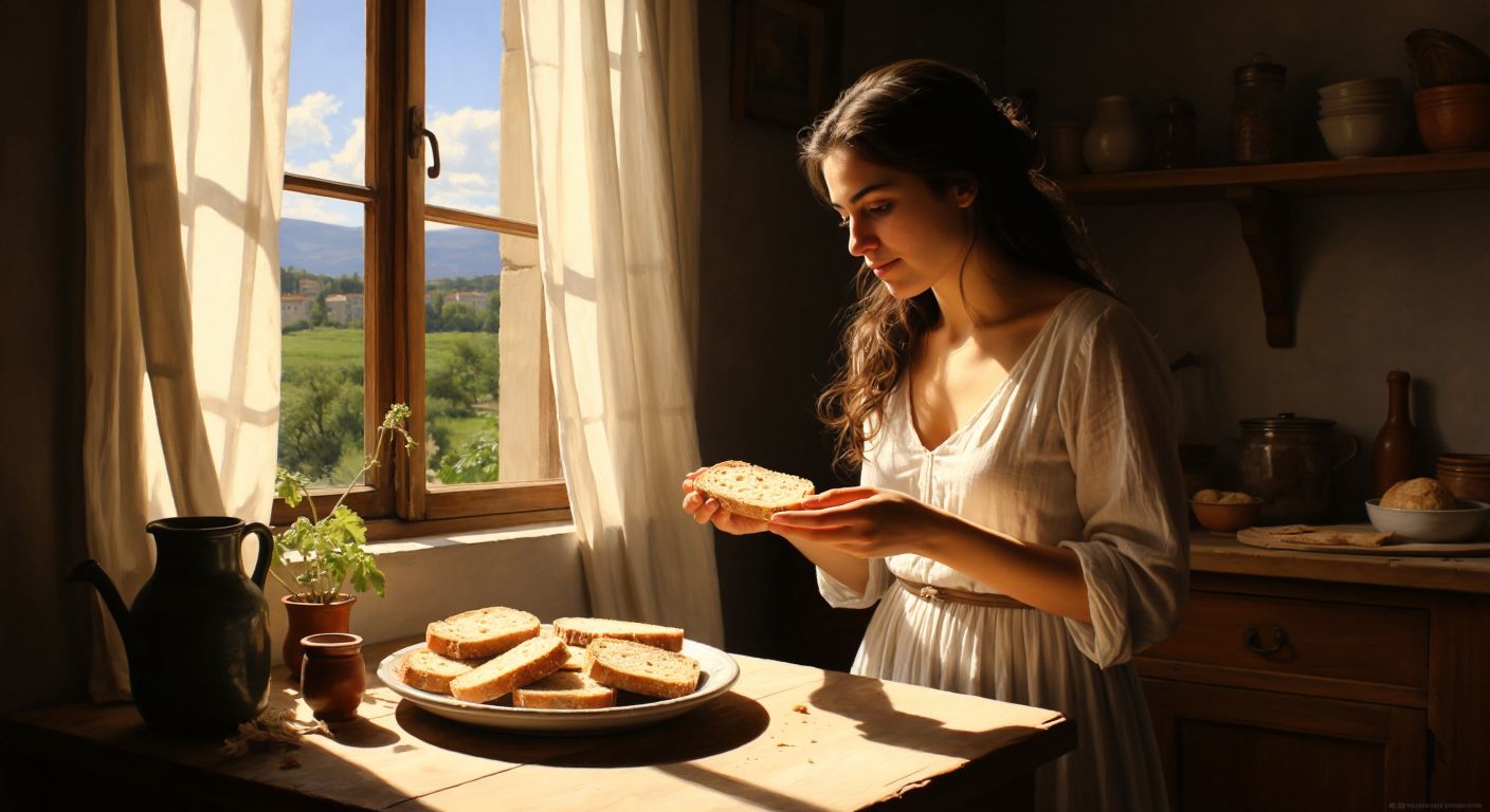 A Turkish woman hesitantly holds a slice of buttered bread while a small bowl of whole-grain crackers sits nearby on a rustic wooden table, sunlight streaming through a kitchen window.