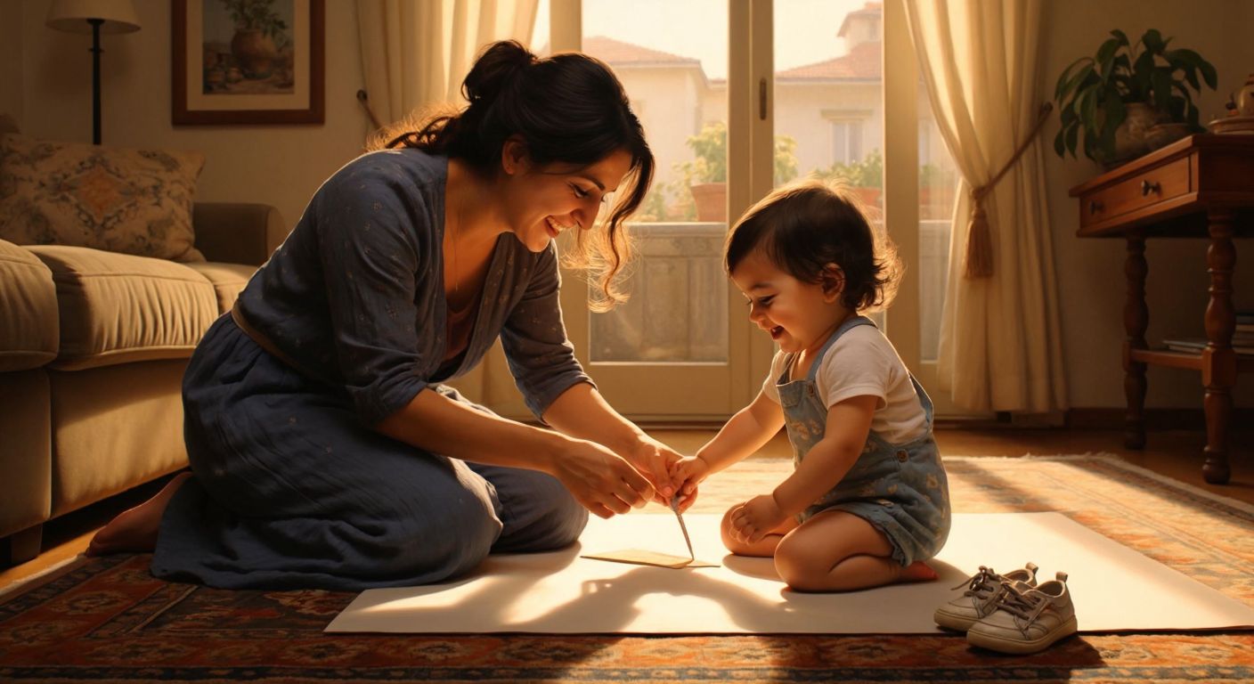 A smiling Turkish mother gently measures her toddler’s bare foot on a piece of paper with a ruler, while the child giggles in a sunlit living room with a pair of tiny shoes nearby.