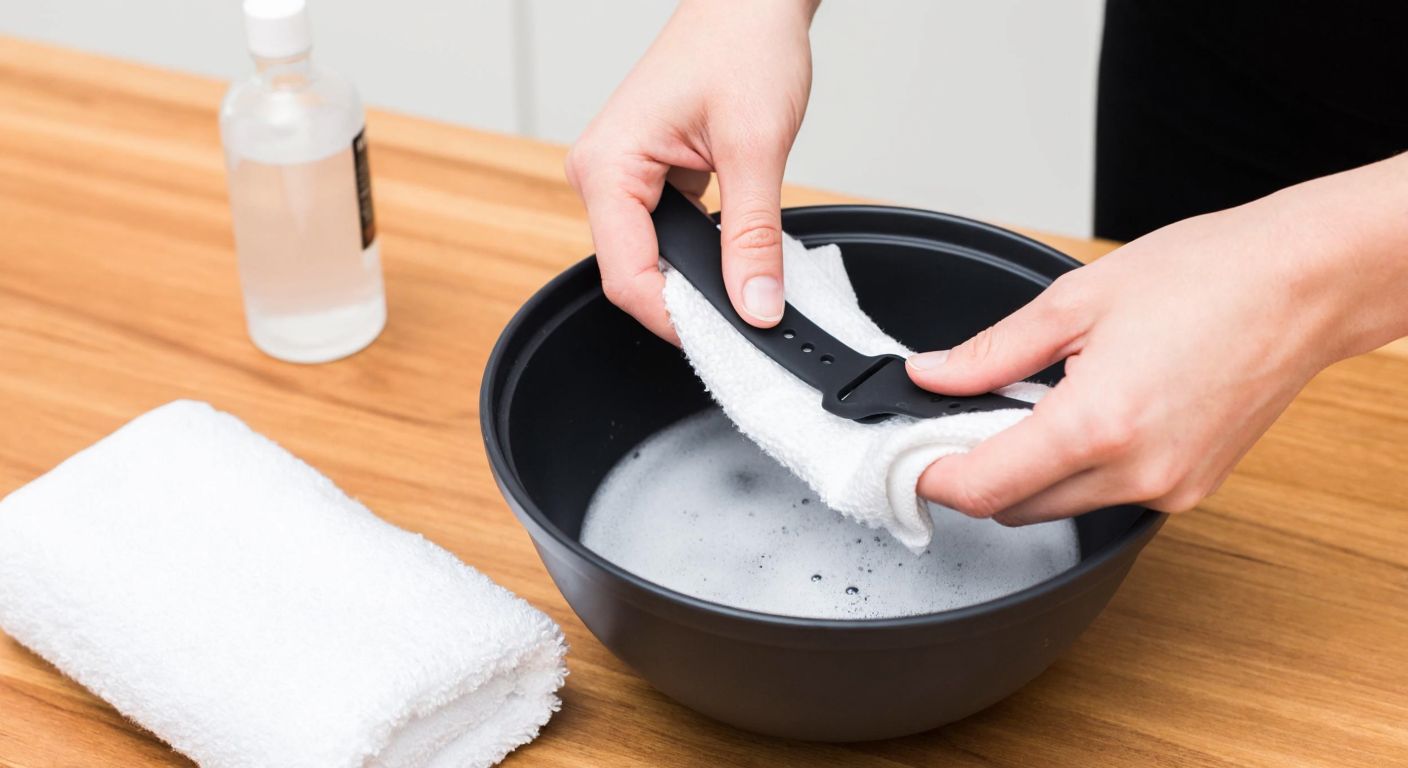 A close-up of a pair of hands gently cleaning a black silicone watch strap with a soft white cloth over a small bowl of warm soapy water, with a bottle of white vinegar and a clean towel nearby on a wooden table.
