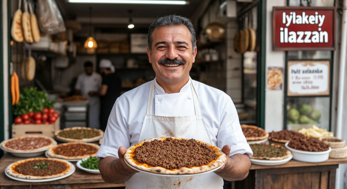 A smiling middle-aged man with a mustache, wearing a white apron, stands proudly in front of a bustling Istanbul lahmacun shop, holding a freshly baked flatbread topped with spiced minced meat.
