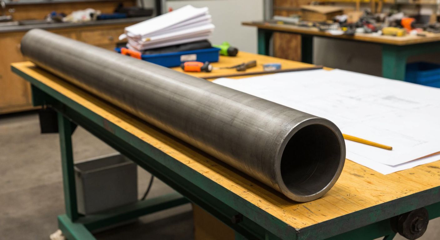A sturdy metal pipe with a diameter of 73 cm resting on a workbench in a Turkish industrial workshop, surrounded by tools and blueprints.
