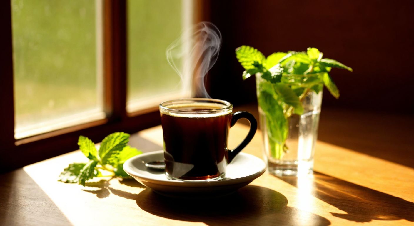 A steaming cup of dark Turkish coffee sits on a wooden table beside fresh mint leaves and a glass of water, with warm sunlight filtering through a nearby window, evoking a sense of natural wellness and energy.