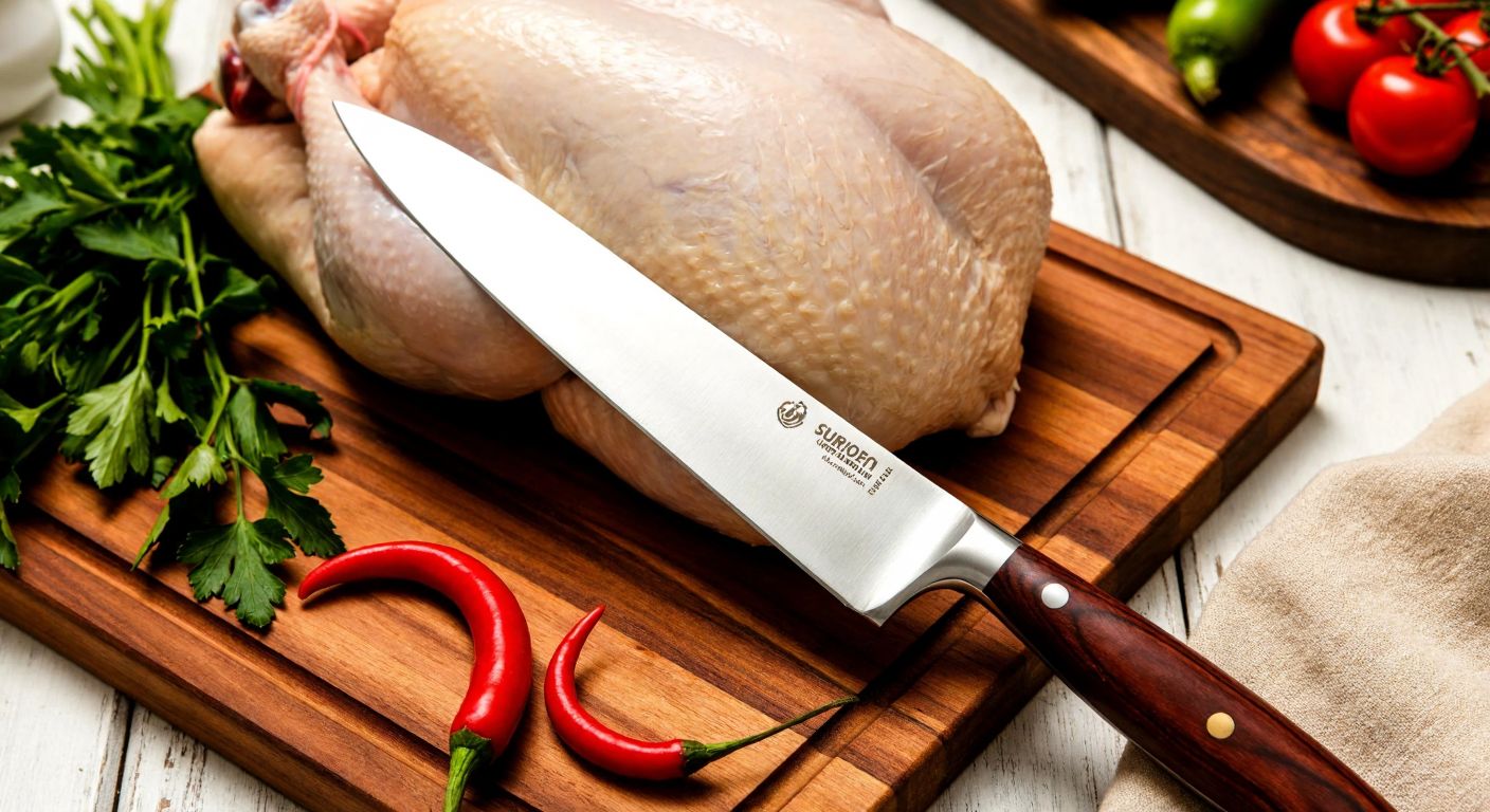 A sharp, gleaming chef's knife (12-20 cm long) resting on a wooden cutting board beside a plump, raw chicken, with fresh herbs and a rustic Turkish kitchen backdrop.