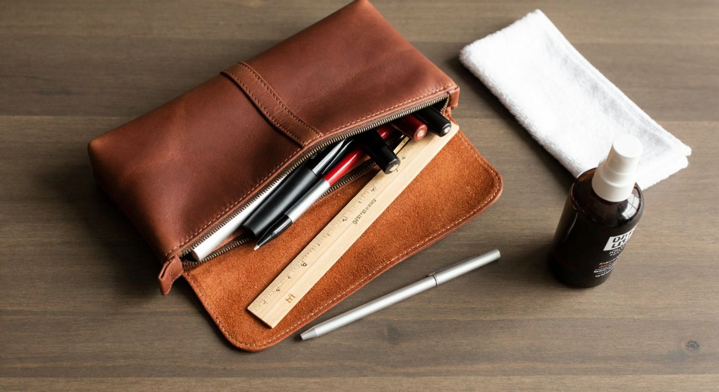 A smooth brown leather pencil case lying open on a wooden desk, neatly holding pens, a ruler, and an eraser, with a soft cloth and leather conditioner bottle beside it.