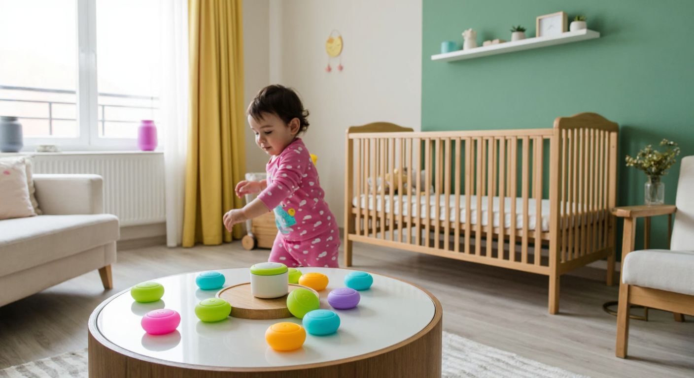 A bright, cheerful nursery in Turkey with soft pastel walls, a wooden crib, and a toddler in playful pajamas safely exploring a coffee table adorned with colorful silicone corner protectors.