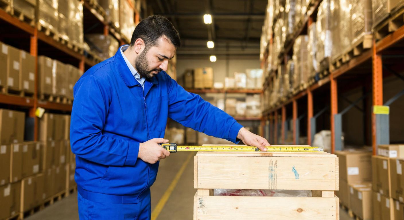 A Turkish warehouse worker in a blue uniform measures a wooden crate with a tape measure, surrounded by stacked boxes and shelves under warm industrial lighting.