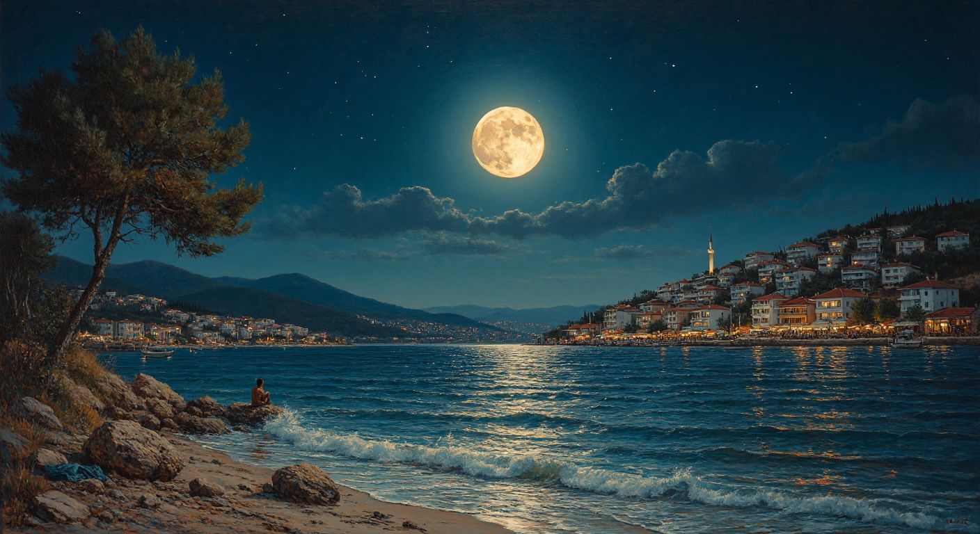 A serene night sky over a Turkish coastal town, with the bright full moon hanging peacefully above calm waves, while a curious local gazes upward with relief.