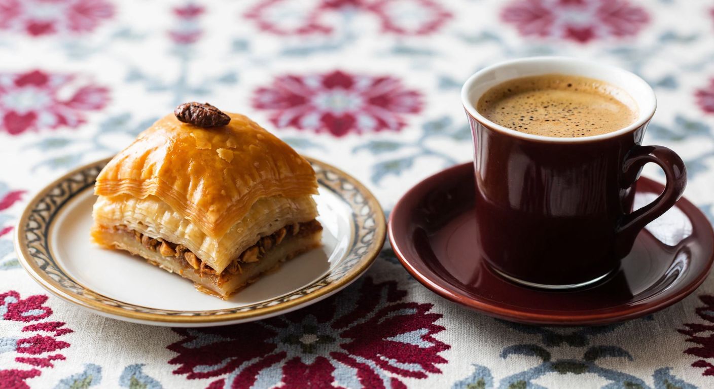 A golden, syrup-drizzled piece of baklava sits on a small plate beside a steaming cup of Turkish coffee, with a traditional floral-patterned tablecloth underneath.
