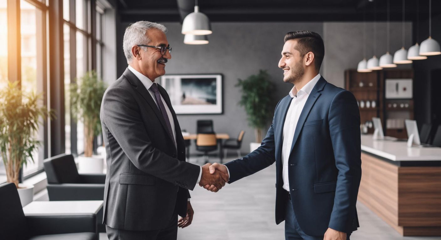 A dignified elderly Turkish businessman in a suit warmly shaking hands with a younger man in a modern office, symbolizing the passing of leadership within a family business.