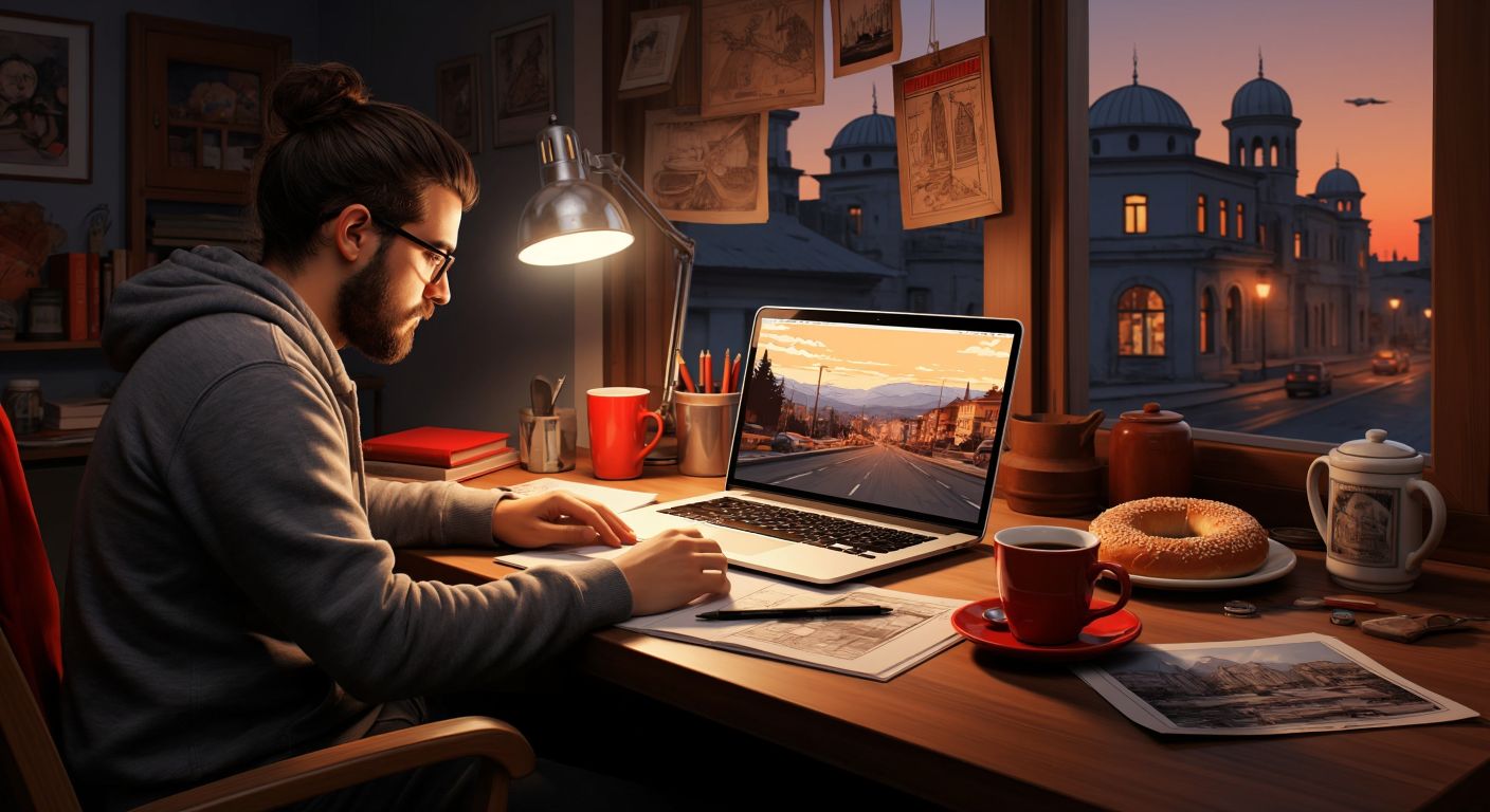 A Turkish designer in a cozy workspace with a laptop open to a vector design tool, surrounded by sketches of road signs, a steaming cup of çay, and a plate of simit on the table.