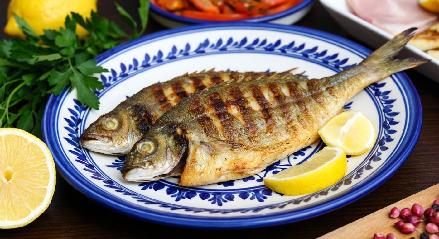 A freshly grilled pisi fish with golden-brown skin, resting on a traditional Turkish ceramic plate, surrounded by lemon wedges and fresh herbs, evoking a light, sweet aroma.