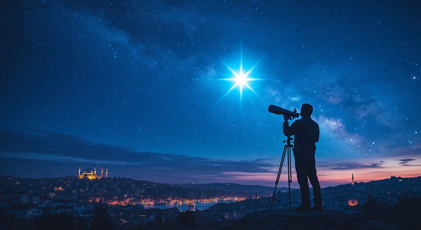 A glowing star against a deep blue cosmic backdrop, with a silhouette of a Turkish astronomer gazing upward in awe through a telescope on a hilltop overlooking Istanbul’s skyline at dusk.