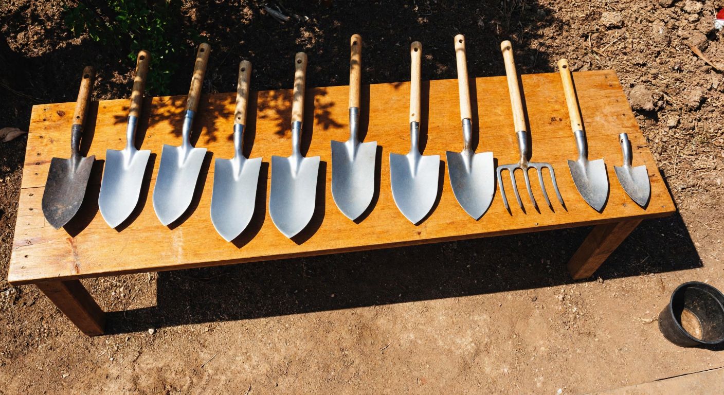 A rustic wooden table displays various types of shovel blades—pointed, forked, grooved, and round—arranged neatly against a backdrop of sunlit soil in a Turkish countryside garden.