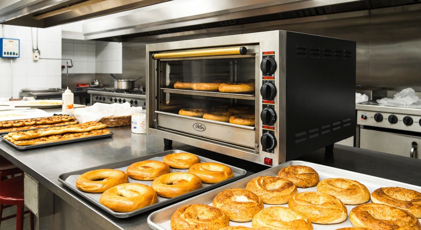 A stainless steel convection oven with four trays sits on a countertop in a bustling Turkish commercial kitchen, surrounded by trays of freshly baked simit and pide.