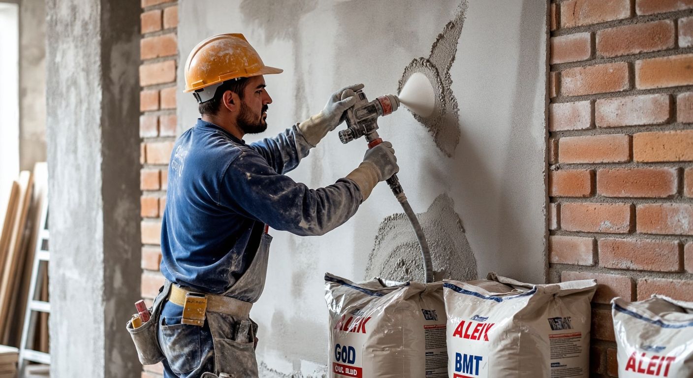 A construction worker in a dusty blue uniform smoothly applies plaster with a mechanical sprayer onto a brick wall in a half-finished Turkish building, surrounded by bags of labeled plaster brands like ALÇITEK GOLD and BMT.
