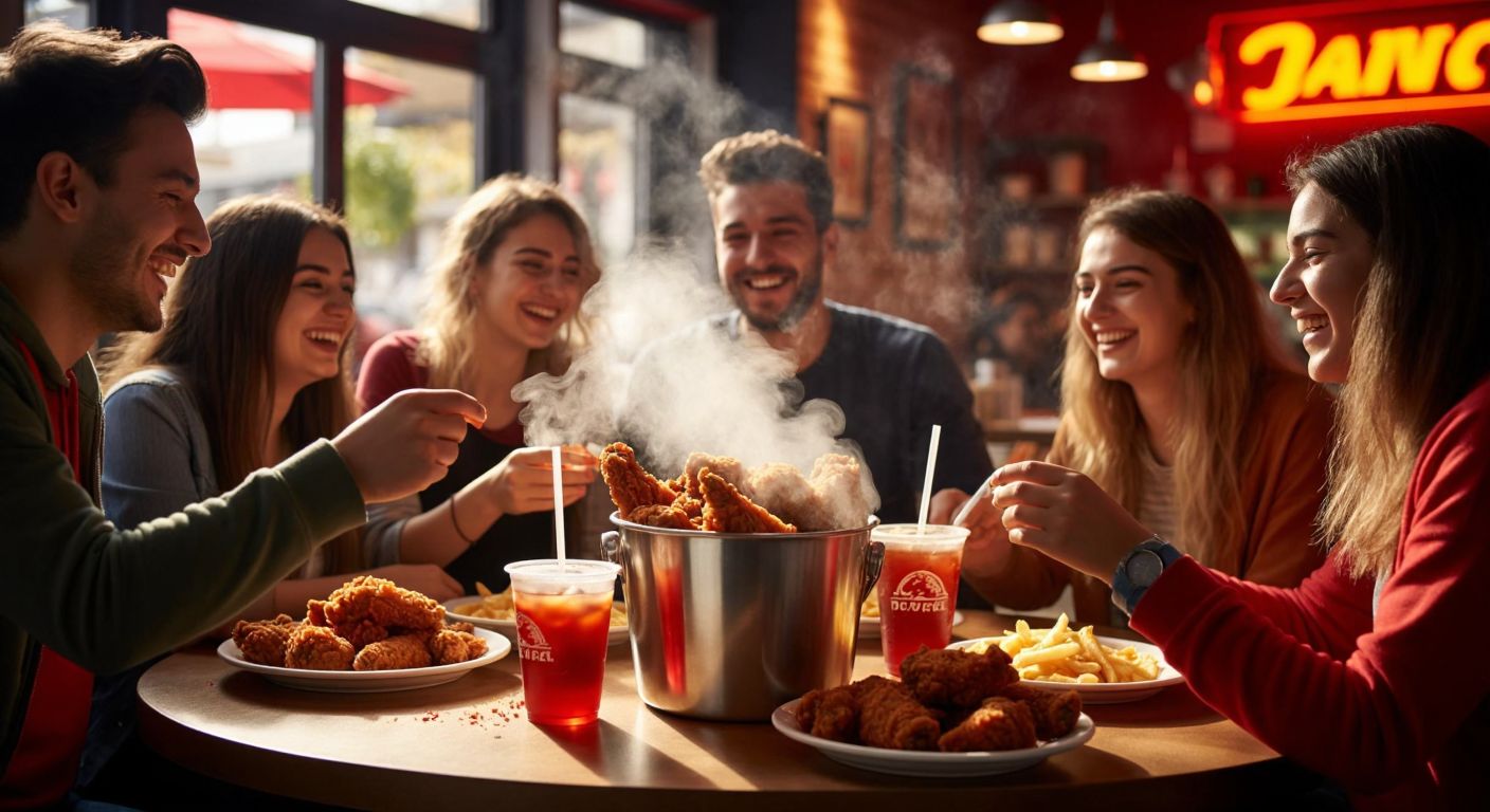A group of smiling friends gathered around a table in a cozy Turkish fast-food restaurant, sharing crispy fried chicken from a shiny metal bucket with steam rising, surrounded by colorful side dishes and soft drinks.