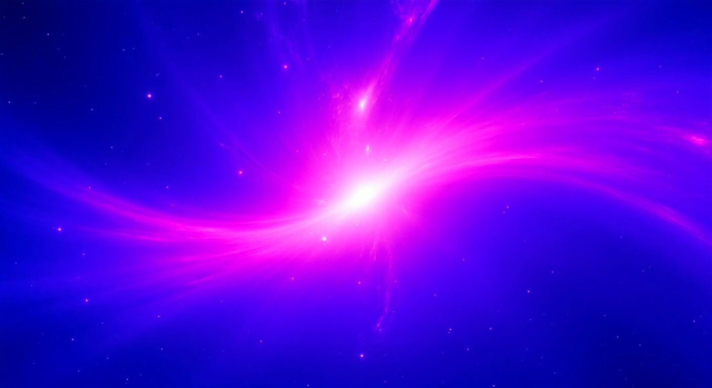 A glowing neon-purple cosmic nebula with swirling stars and vibrant abstract shapes, evoking a futuristic digital wallpaper aesthetic.