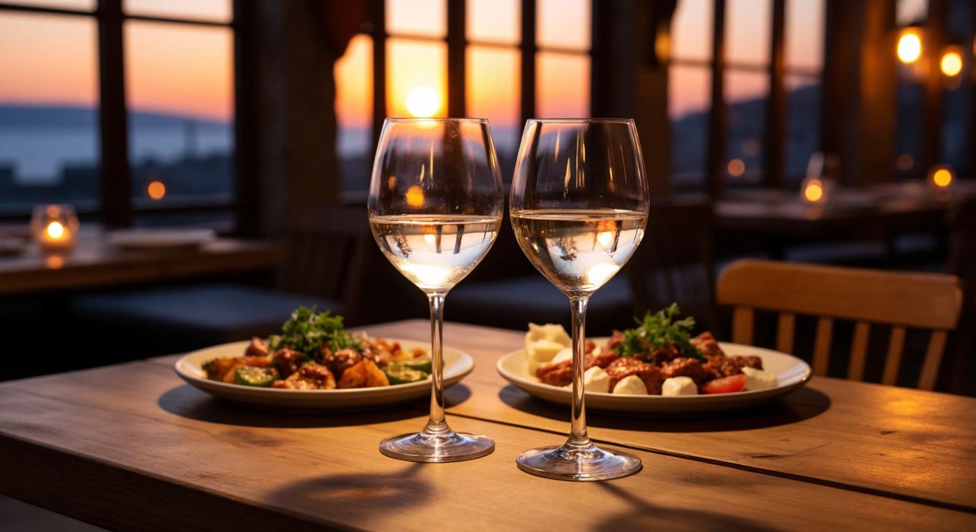 A rustic wooden table in a cozy Turkish setting holds two wine glasses—one elegant crystal-clear glass reflecting candlelight and another sturdy, transparent plastic glass beside a plate of meze.