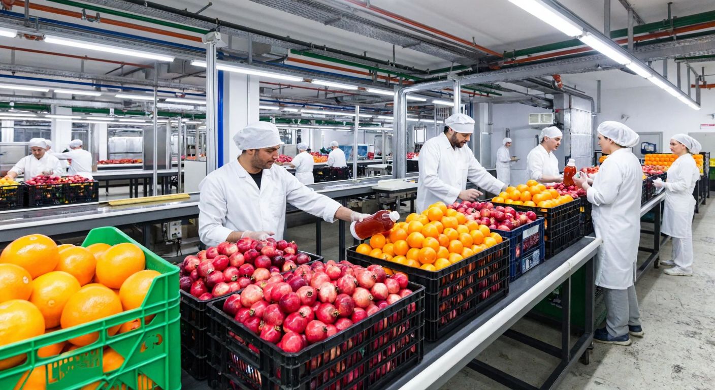 A bustling modern factory in Bursa with workers in white uniforms inspecting colorful fruit juice bottles on a conveyor belt, surrounded by crates of fresh Turkish oranges and pomegranates.