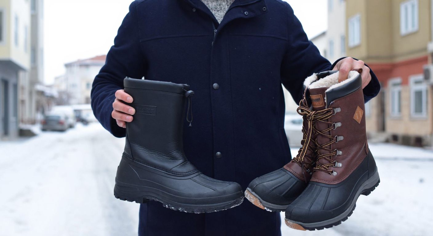 A person in a snowy Turkish street holding two winter boots—one with a lightweight EVA sole and the other with a rugged thermo sole—while thoughtfully comparing them.