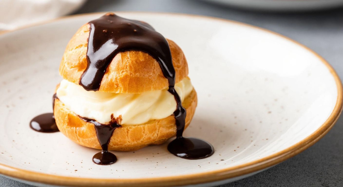 A golden-brown profiterole, freshly baked and split open, filled with creamy vanilla custard and generously drizzled with glossy dark chocolate sauce, resting on a rustic Turkish ceramic plate.