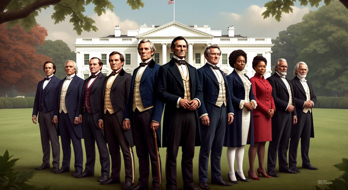 A row of dignified, diverse U.S. presidents in historical attire standing before the White House, with Washington and Lincoln slightly forward, symbolizing leadership and legacy.