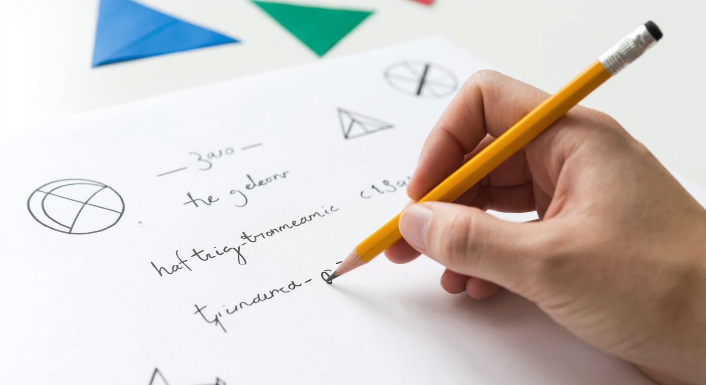 A hand holding a pencil over a sheet of paper with a half-angle trigonometric formula written in neat script, surrounded by geometric shapes like triangles and circles, evoking a focused and academic atmosphere.