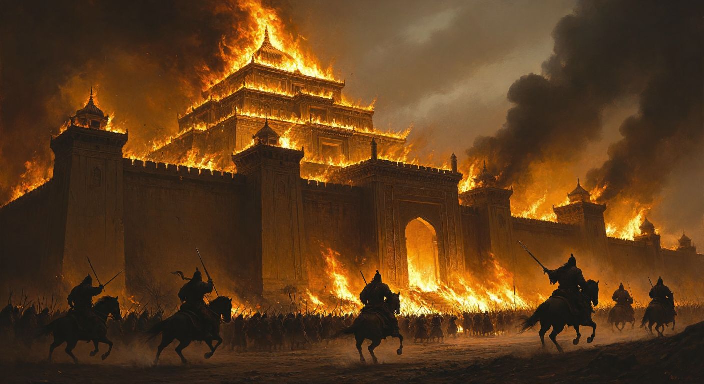 A crumbling golden palace engulfed in flames, with shadowy figures clashing in the foreground and distant Mongol warriors on horseback charging under a smoke-filled sky.