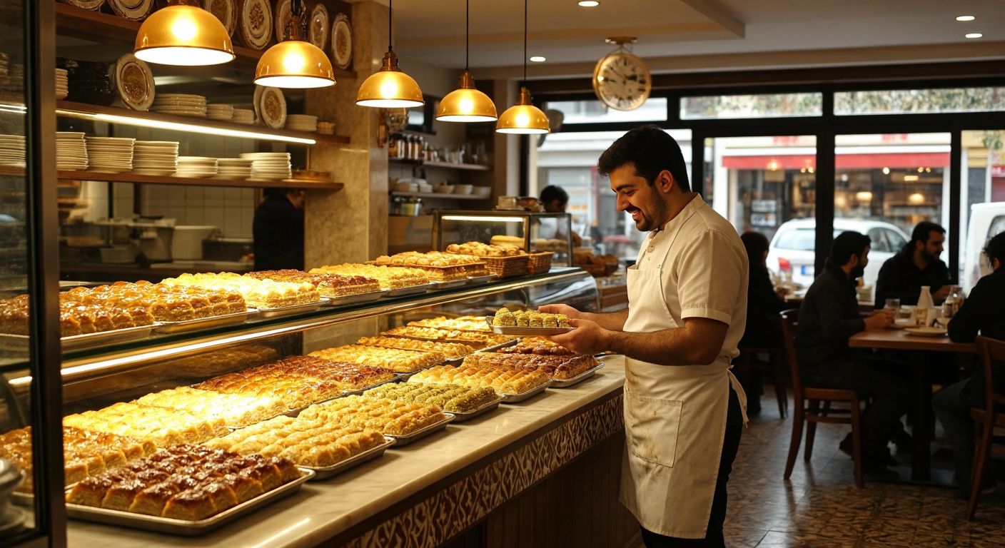 A warm, bustling bakery in Bursa's Nilüfer district, with golden trays of baklava displayed behind a glass counter, a smiling baker in a white apron offering a sample, and customers chatting happily at wooden tables under soft yellow lighting.