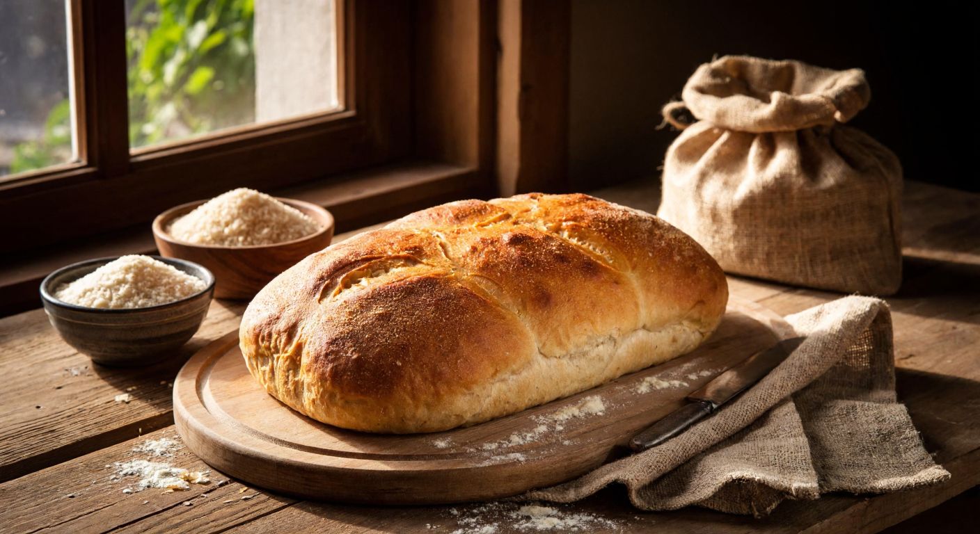 A warm, golden-brown loaf of grainy bread, freshly baked and resting on a wooden cutting board in a sunlit Turkish kitchen, with a small bowl of coarse cornmeal and a sack of whole wheat flour beside it.