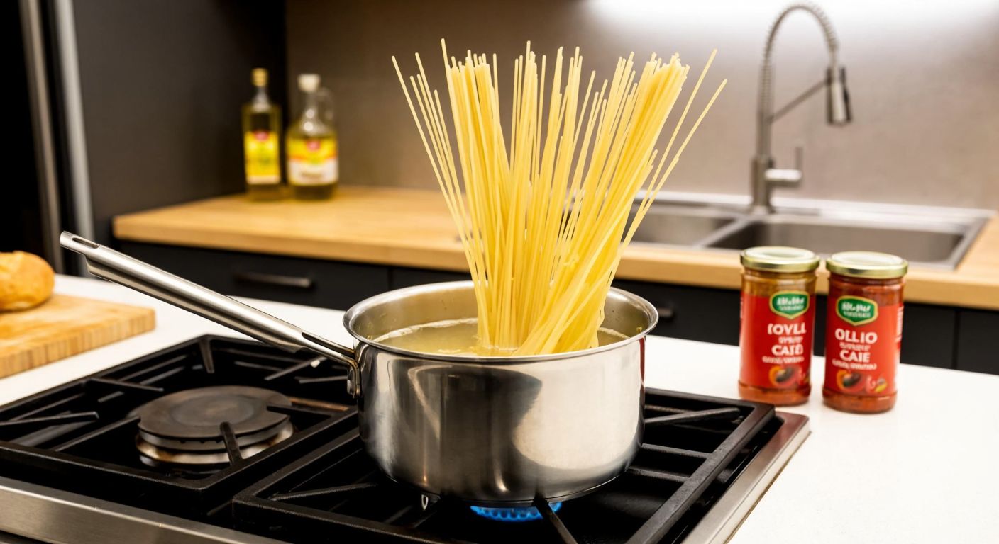 A stainless steel pot with bubbling water on a stove, half-cooked spaghetti strands sticking out unevenly, a Turkish kitchen in the background with olive oil and tomato paste jars on a wooden counter.