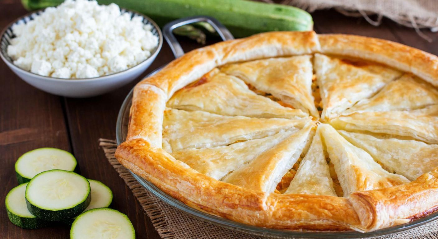 A golden, flaky *kabaklı börek* on a rustic wooden table, with a bowl of crumbled *beyaz peynir* and fresh zucchini slices beside it, evoking warmth and traditional Turkish home cooking.