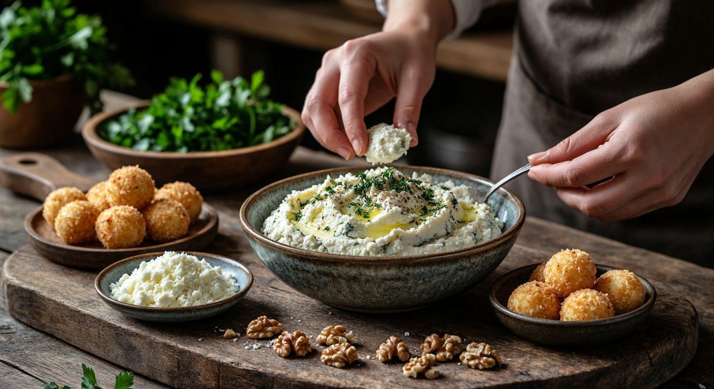 A rustic wooden table in a Turkish kitchen holds a bowl of creamy cheese mixture, freshly chopped herbs, crushed walnuts, and a small dish of grated truffle, with hands shaping golden cheese balls rolled in nuts.
