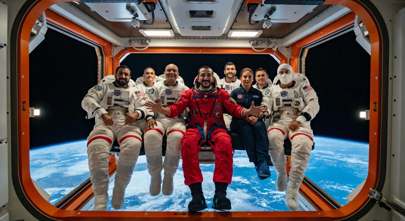 A diverse group of seven astronauts, including a Turkish astronaut with a proud expression, floating weightlessly inside the ISS modules, surrounded by scientific equipment and Earth visible through the windows.