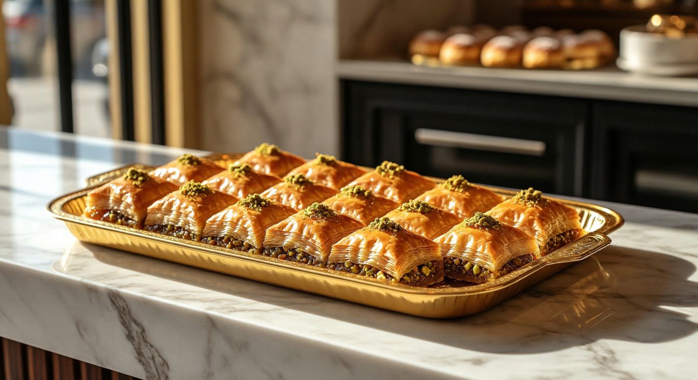 A golden tray of chilled baklava with flaky layers, drizzled with a milky syrup, placed on a marble countertop in a sunlit Turkish pastry shop.