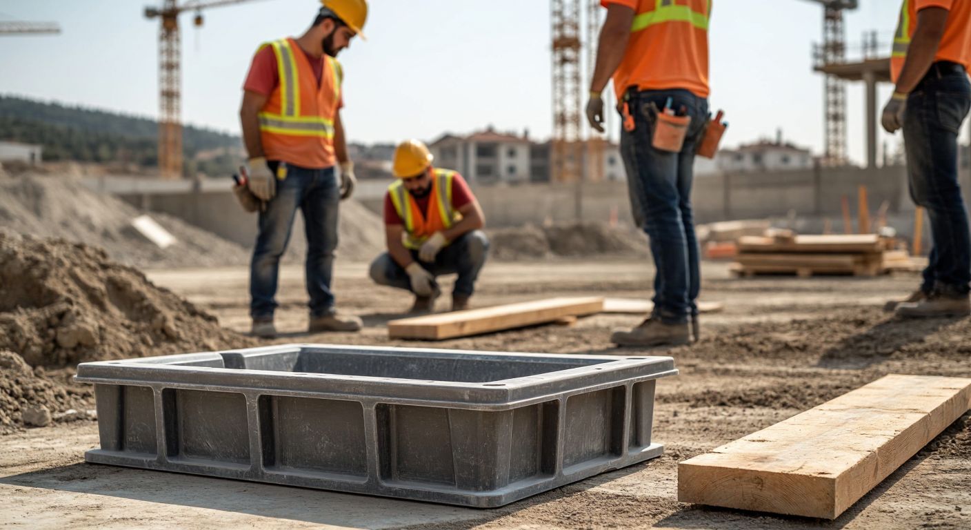 A sturdy, high-quality plastic mold sits on a construction site in Turkey, surrounded by workers in hard hats inspecting its durability, while a worn wooden mold lies discarded nearby.