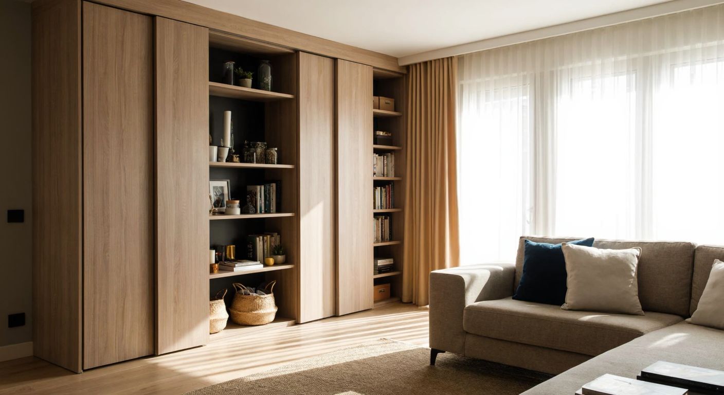 A bright Turkish living room with a wooden wardrobe dividing the space, neatly organized shelves filled with books and decorative items, and warm sunlight streaming through sheer curtains.