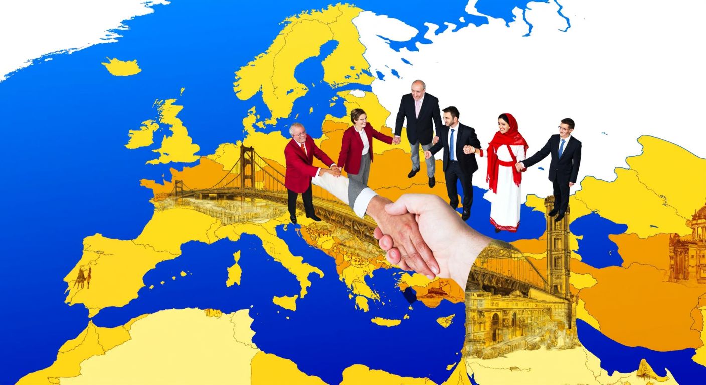 A vibrant, stylized map of Europe with highlighted regions representing the EU and EFTA countries, featuring diverse people in traditional attire shaking hands under a golden economic bridge.