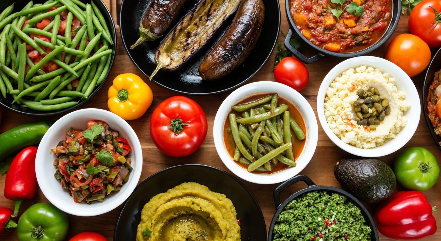 A vibrant table in a Turkish kitchen displays an array of colorful vegetable dishes—grilled eggplant, green beans, cauliflower purée, and a bowl of couscous—surrounded by fresh produce like tomatoes, peppers, and avocados, evoking warmth and wholesome flavors.