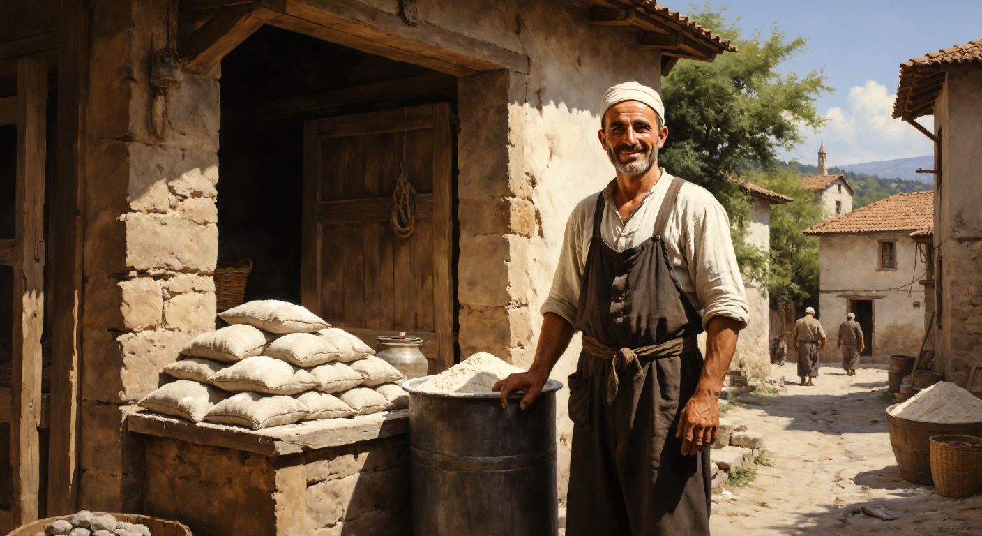 A rustic stone flour mill in a sunny Turkish village, with sacks of flour stacked nearby and a middle-aged man in traditional work clothes smiling proudly beside it.